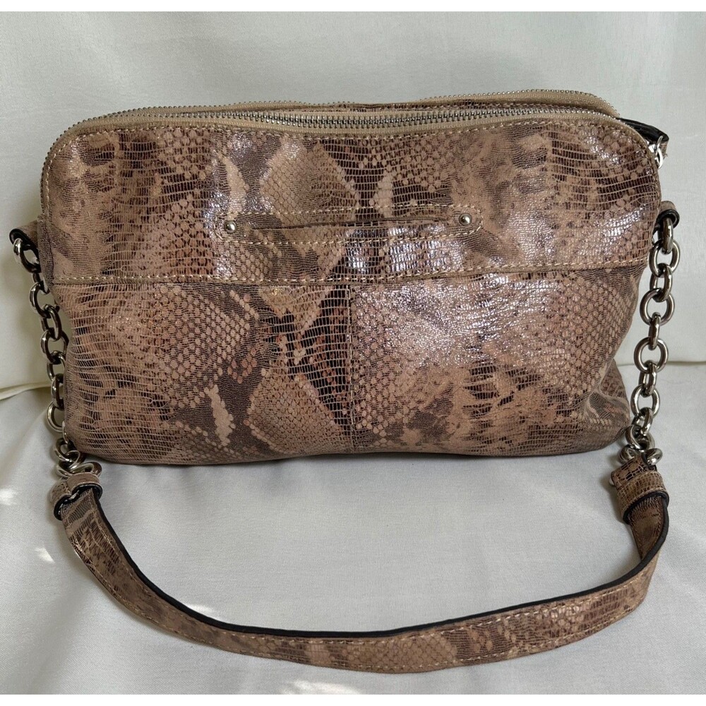 B Makowsky Beige Tan Snake Print Leather Shoulder Bag with Chain Link Straps